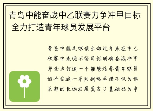 青岛中能奋战中乙联赛力争冲甲目标 全力打造青年球员发展平台